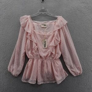 Savanna Jane Ruffle Peplum‎ Top Size 1X Pink Womens Sheer Swiss Dot Boho